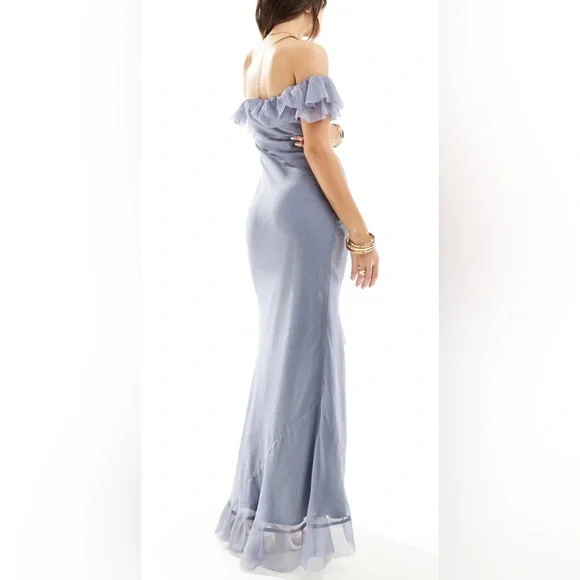ASOS Dusty Blue Asymmetrical Ruffle Off-Shoulder Gown - Picture 2 of 9